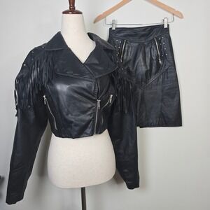 Vintage Chia Black Leather Fringe Studded Cropped Jacket Skirt Set Size M 6
